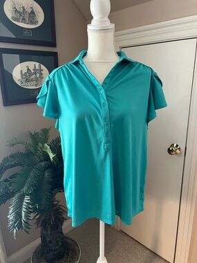 Chico's Teal Button-Front Short Flutter Sleeve Shirt Size 3